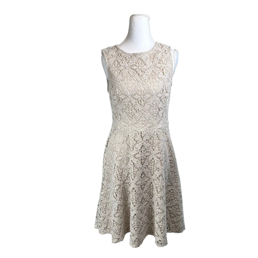 London Times‎ Beige Crochet Lace Fit and Flare Dress Sleeveless Size 8